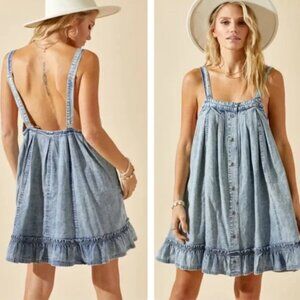 Free People Wild One Denim Mini Dress in XL GUC Acid wash flowy summer beach